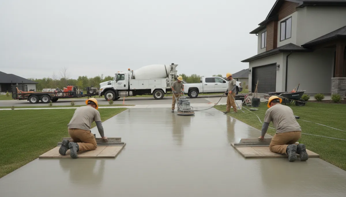 Concrete construction crew finishing a residential driveway
