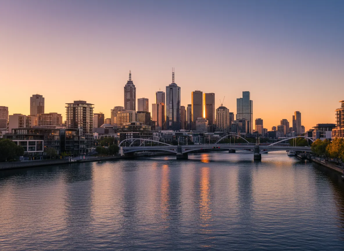 Melbourne skyline with river at golden hour