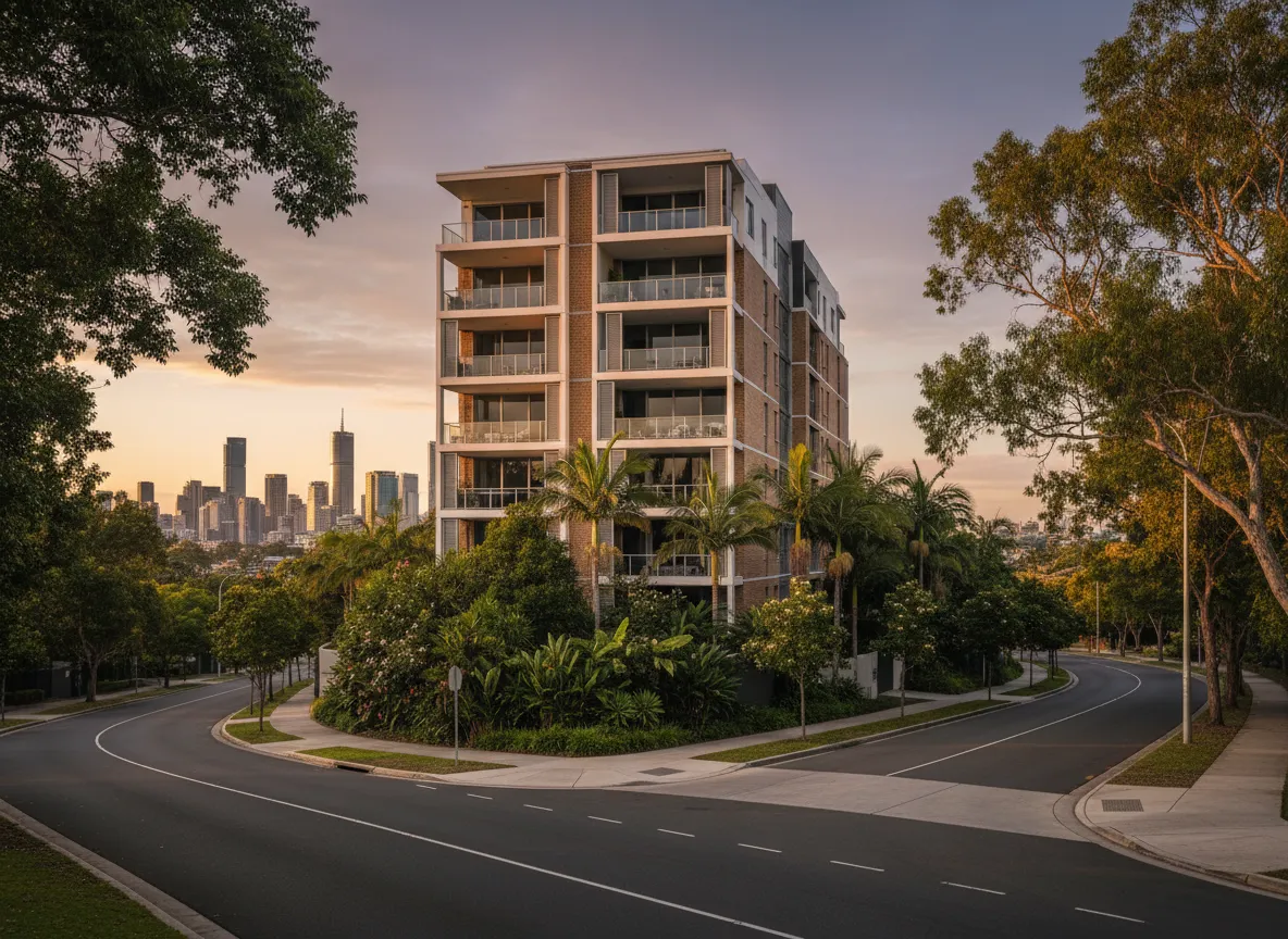 Modern apartment building in Brisbane at sunset