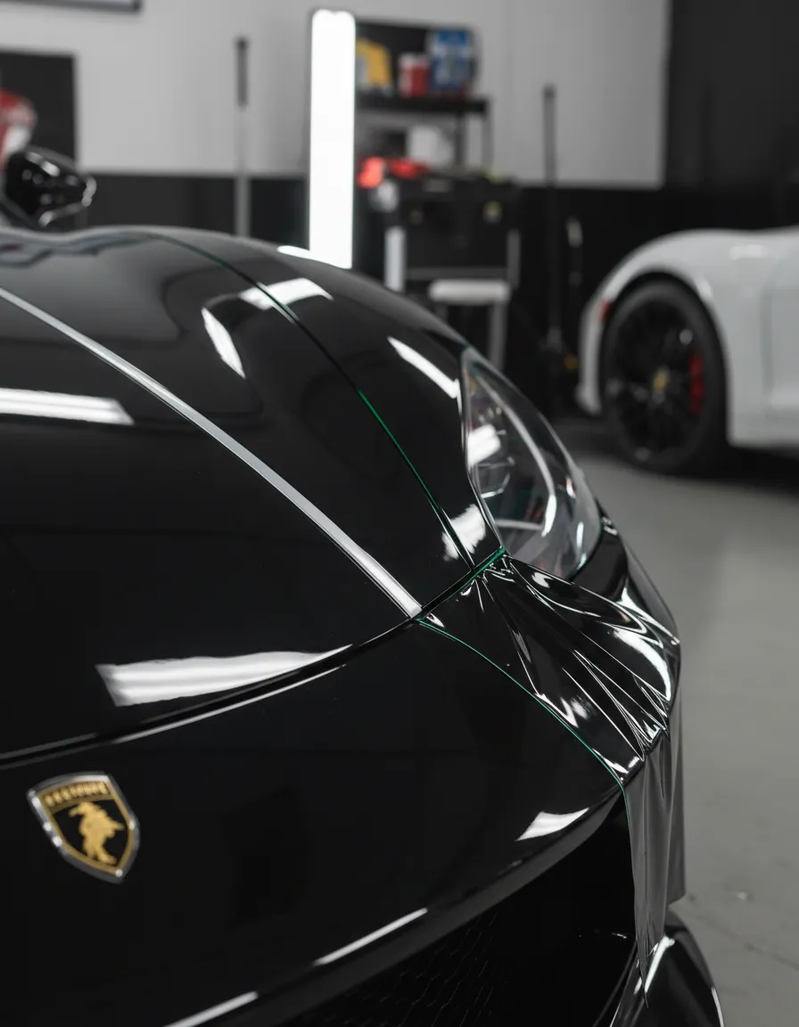 Close-up of flawless vinyl wrap edge on a luxury supercar in Los Angeles