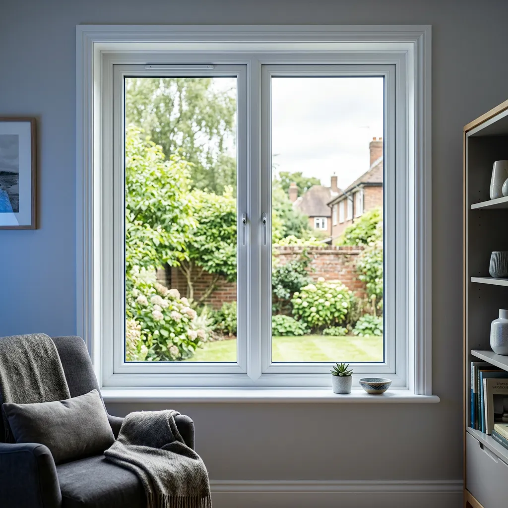 Close-up of premium modern white uPVC multi-chamber window frames with energy-efficient double glazing