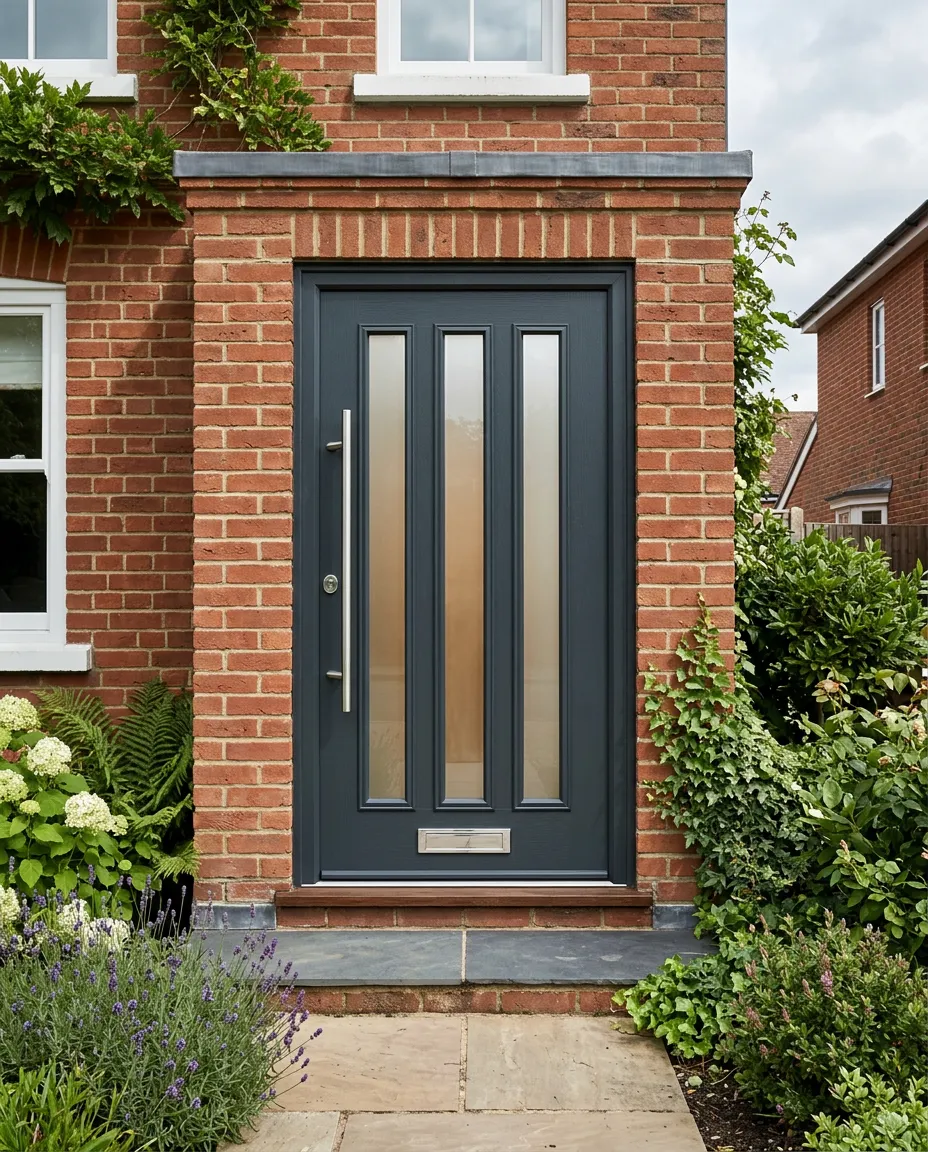 Modern Anthracite Grey composite entrance door installed on a British home with chrome hardware and glazed panels