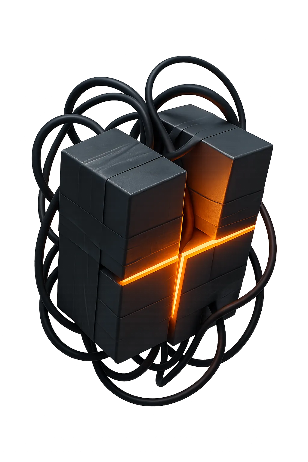 Conceptual graphic of tangled wires and duct-taped software logos being cut by a sharp glowing orange line, symbolizing the end of messy systems.
