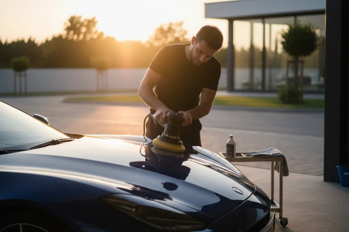 Isolated glossy dark sedan silhouette on a dark hero background