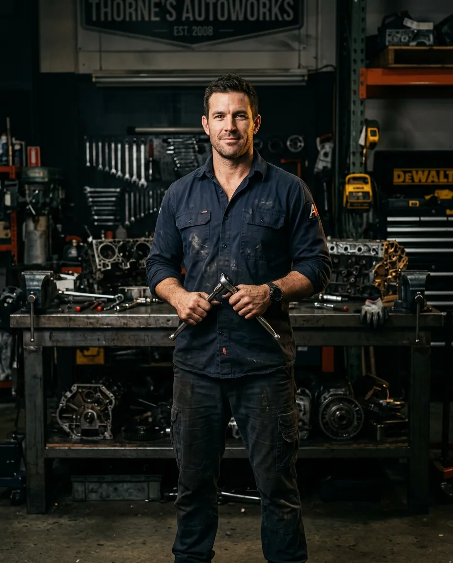 Will Silva in a workshop holding mechanical tools with industrial backdrop