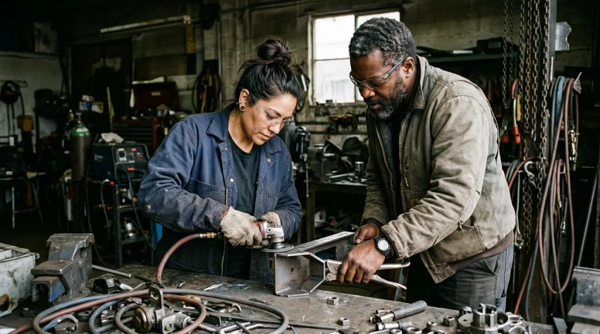 Close-up of two tradespeople working with tools in an industrial workshop (Latina woman and Black man)