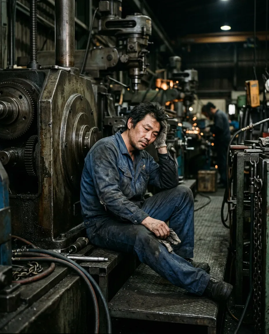 Portrait of an exhausted shift worker in an industrial uniform leaning against workshop machinery (Asian man, 40s)