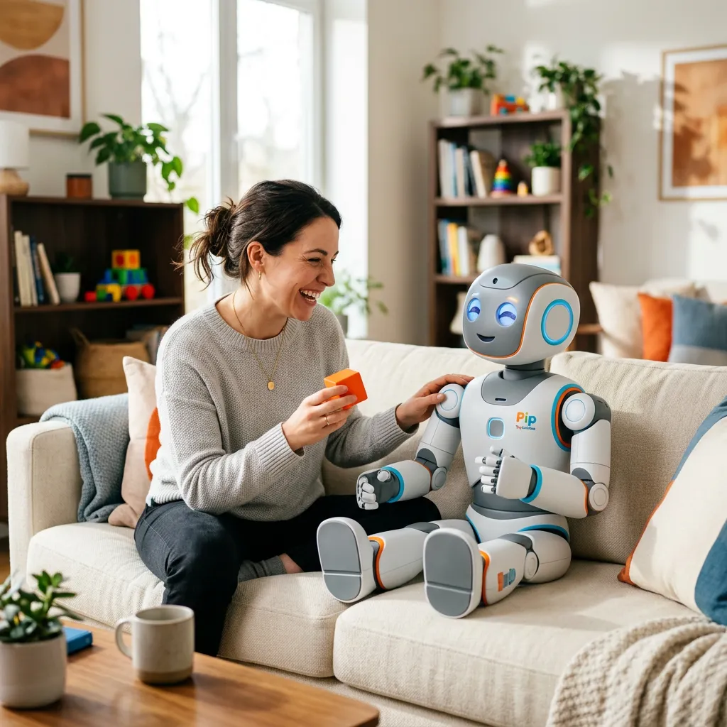 A happy family interacting with a friendly humanoid companion robot in a bright, sunlit modern living room