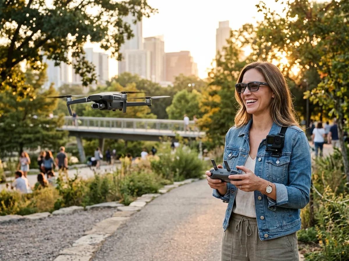 Bright premium lifestyle photo with a consumer drone in use, smart glasses and an action camera vibe, optimistic fun future tech
