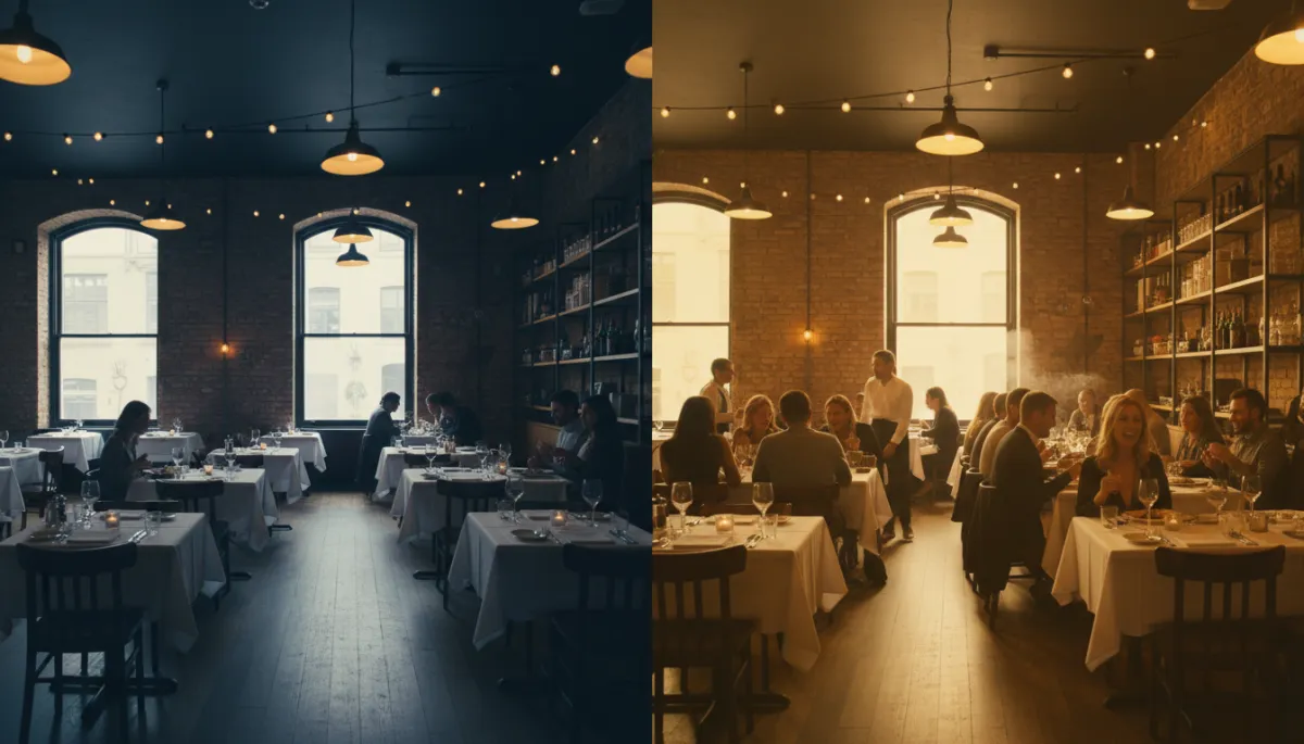 Before and after split-screen of a quiet restaurant versus a warm, busy dining room