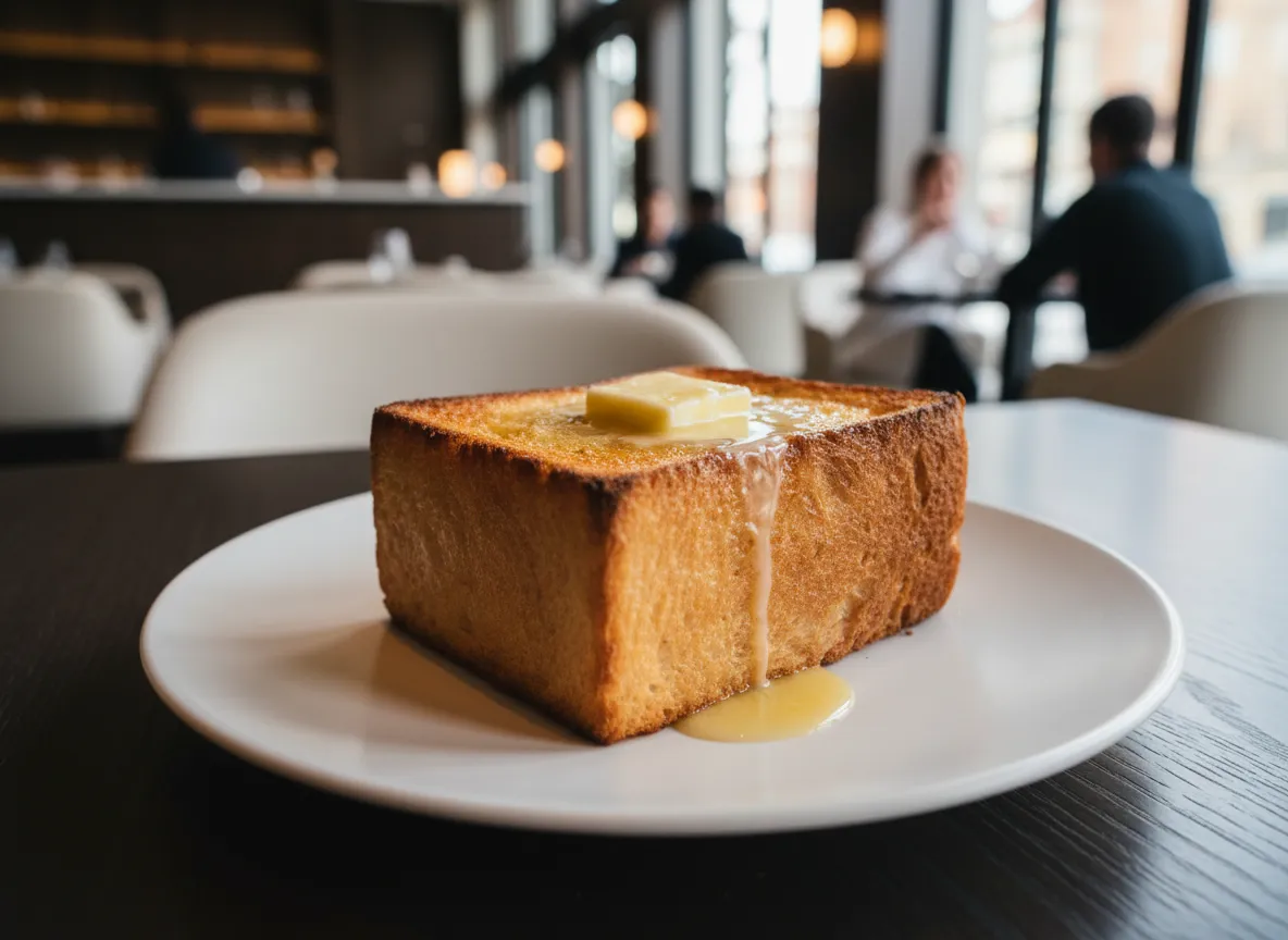 Toast with melting butter on a warm plate in a cozy restaurant