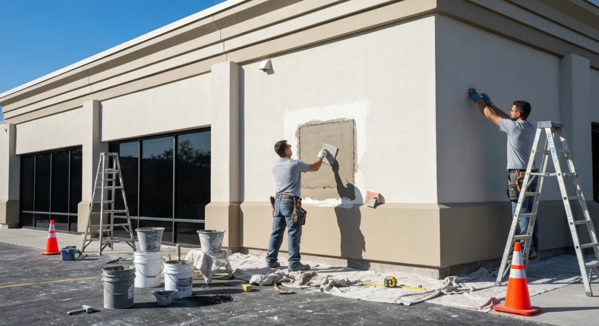 Commercial property maintenance technician performing stucco repair and exterior surface restoration on a modern commercial building, with roofing maintenance work visible in the background.