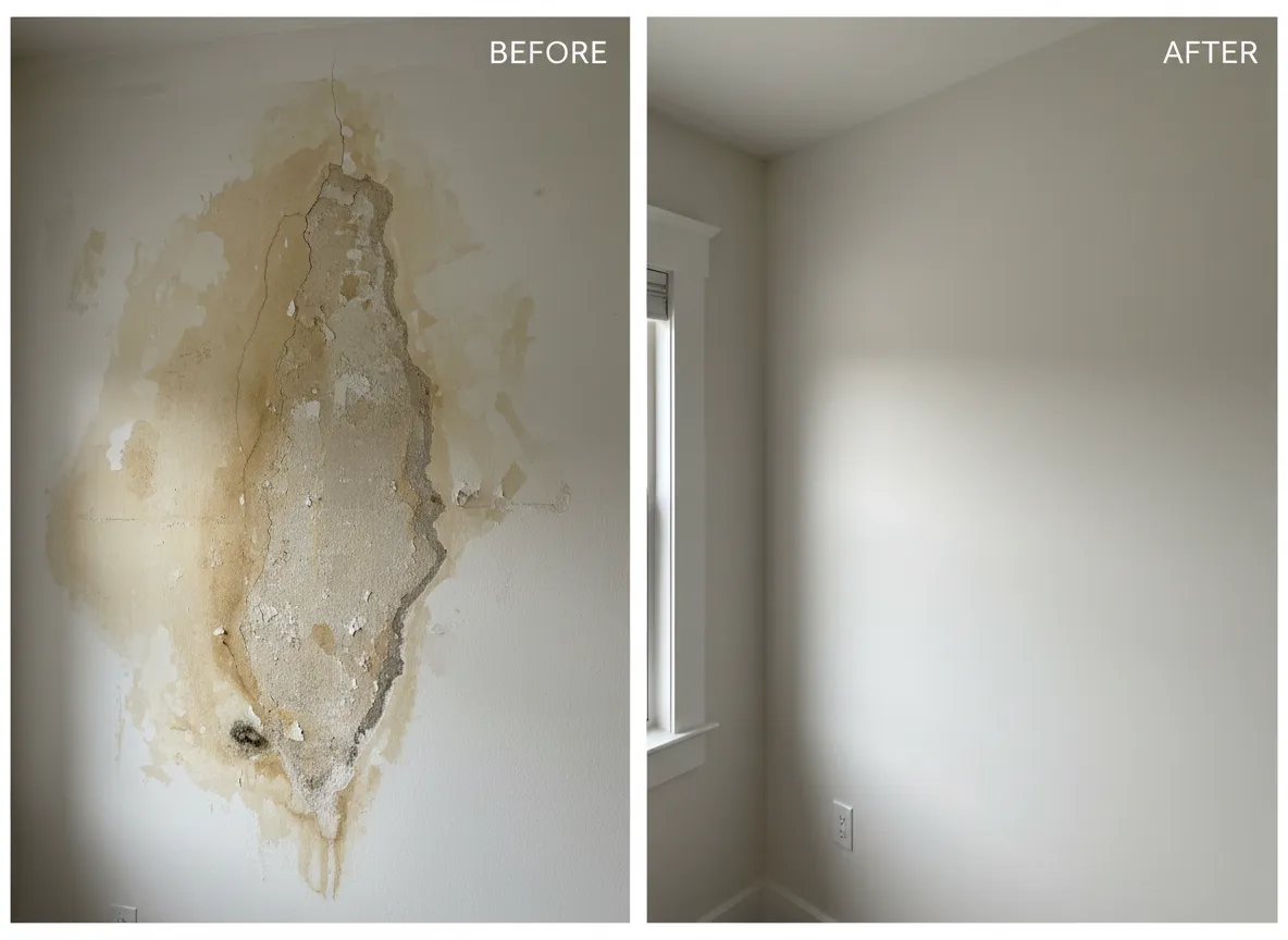 Before-and-after style drywall repair image showing damaged wall restored to a smooth finish
