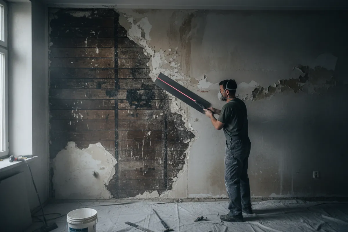 Scraping water damaged plaster from a wall