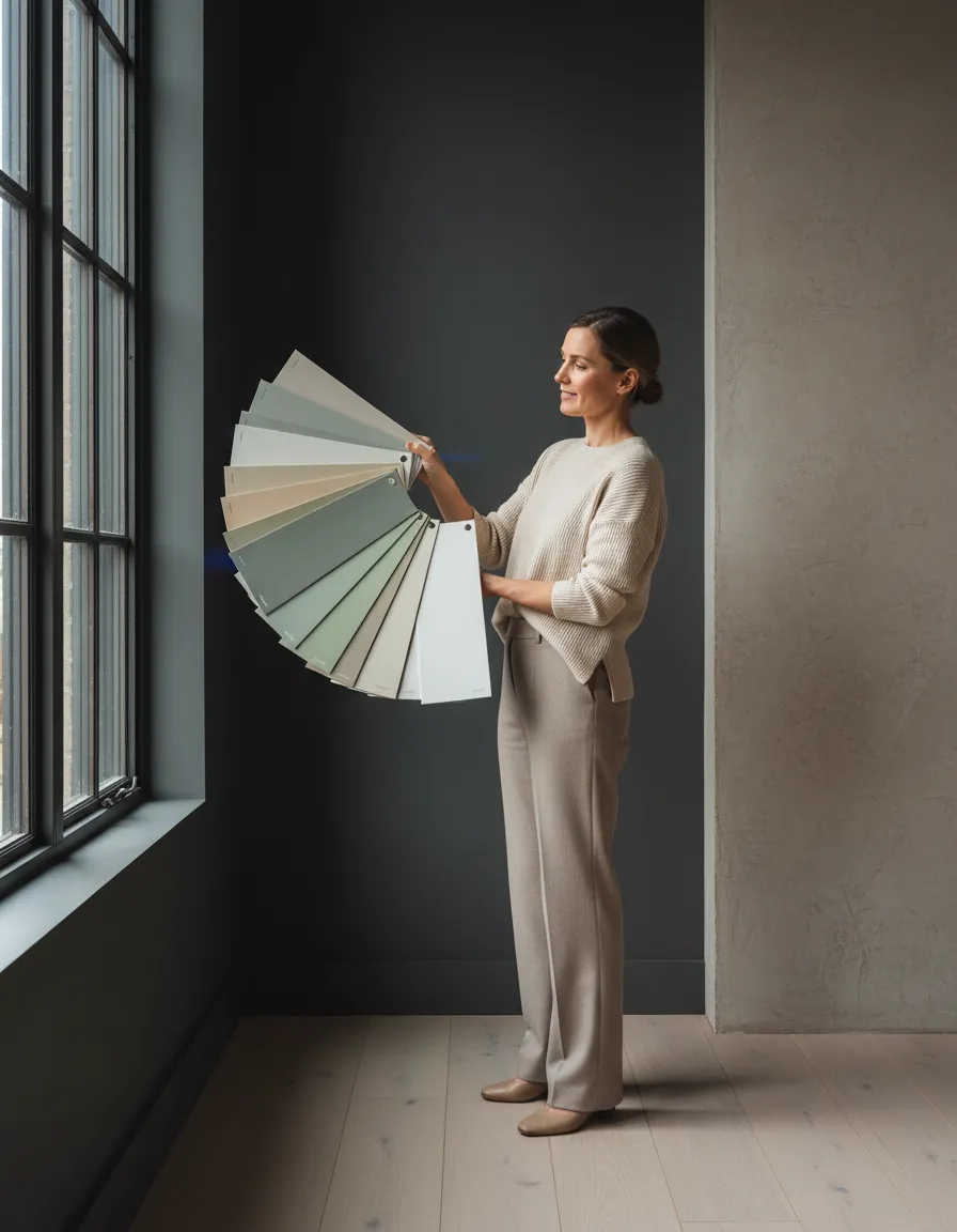 Consultant holding sample boards for residential color consultation