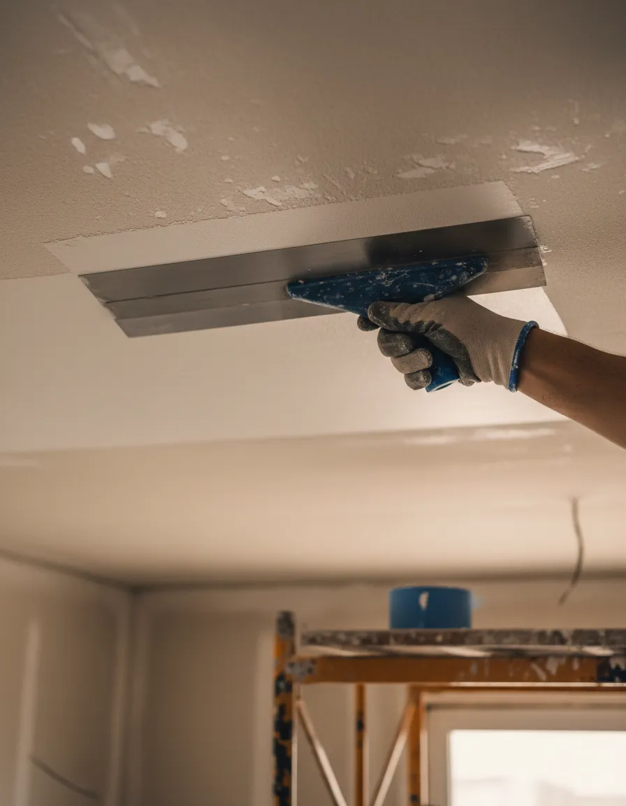 Worker applying a smooth skim coat over scraped drywall