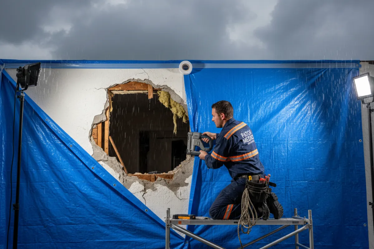 Emergency Stucco Repair Technician responding to active moisture intrusion