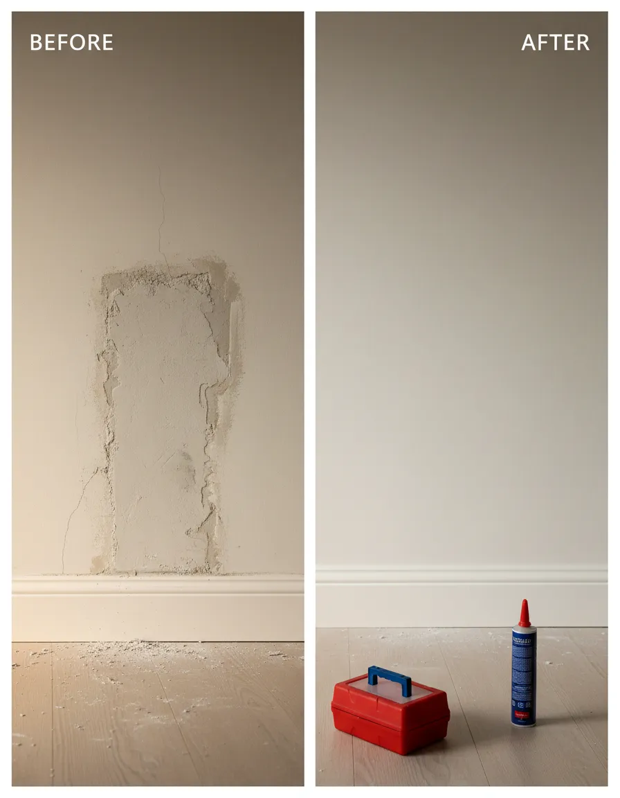 Completed drywall hole repair with subtle patch outline under natural light