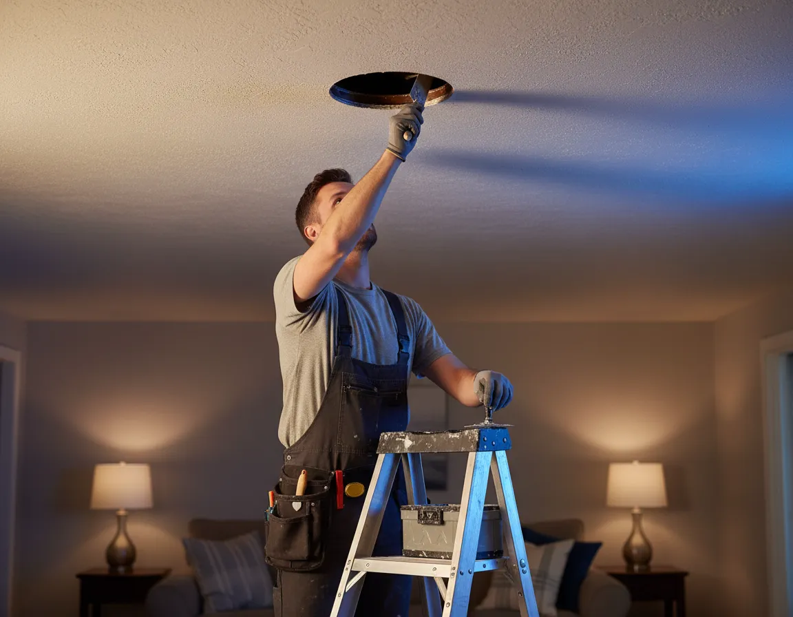 Professional ceiling repair technician patching an access hole