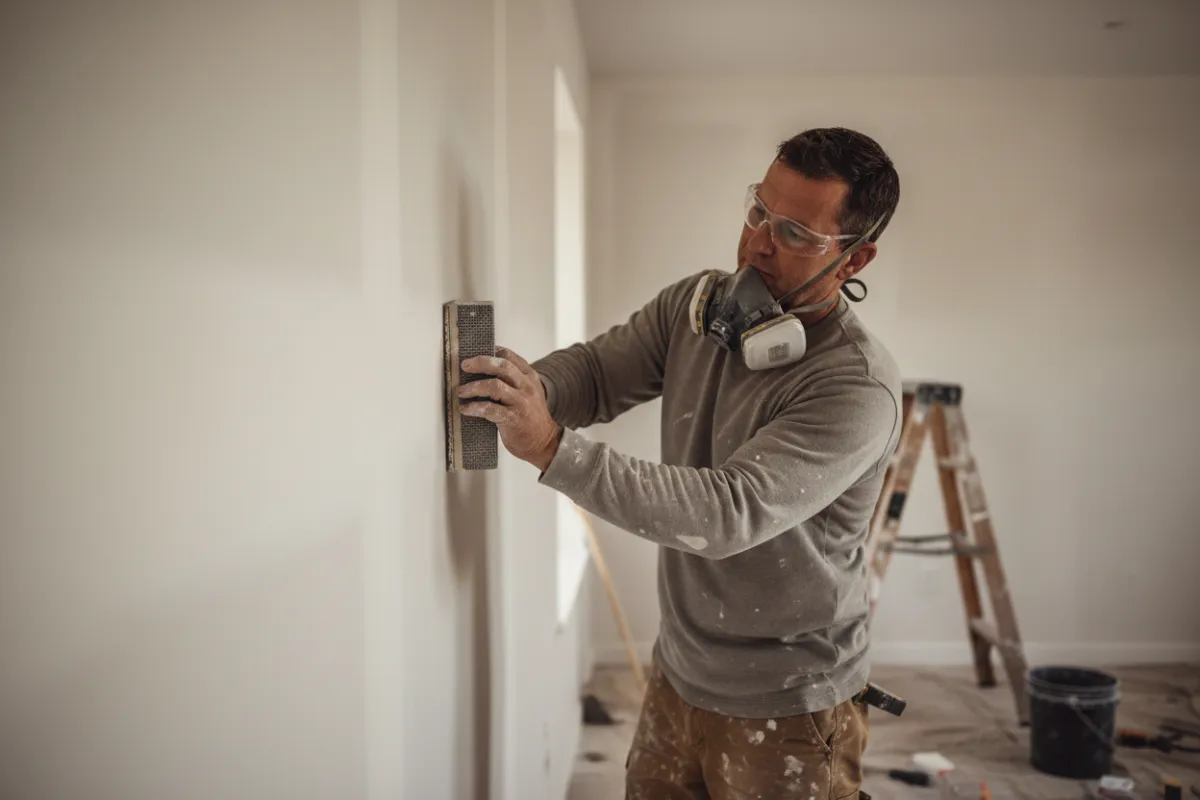 Worker finishing drywall patch on an interior wall, holding a drywall tool, wall surface flawless and fully finished, photorealistic, neutral indoor lighting