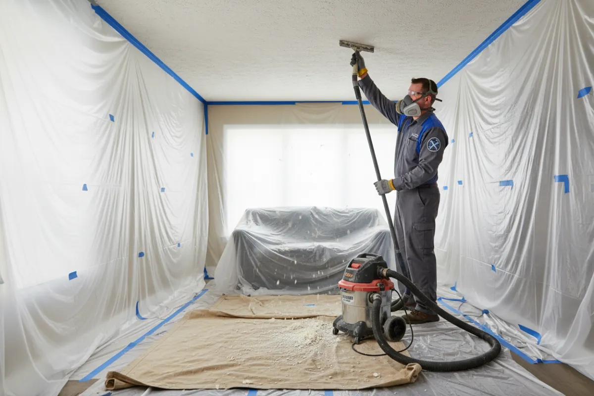 Single Patch Medics repairman in blue uniform safely removing popcorn ceiling with containment and PPE in a professional, realistic setting.