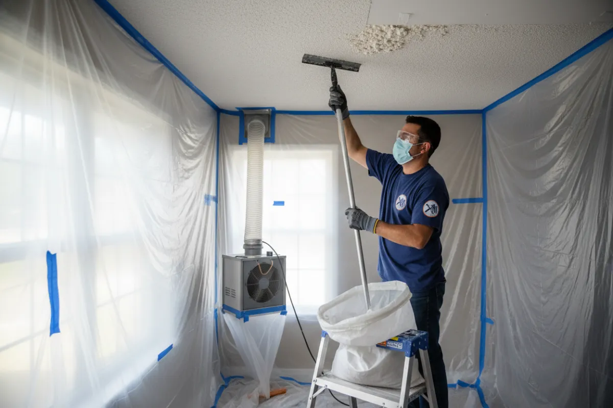 Blue-collar Patch Medics repairman in uniform performing safe popcorn ceiling removal in a residential interior, medium shot, wearing a surgical mask or half-mask respirator, safety goggles, and work gloves; clear plastic sheeting with taped seams and a HEPA-filtered negative-pressure fan visible in the background; natural daylight, calm and professional, asbestos-aware procedures, photorealistic