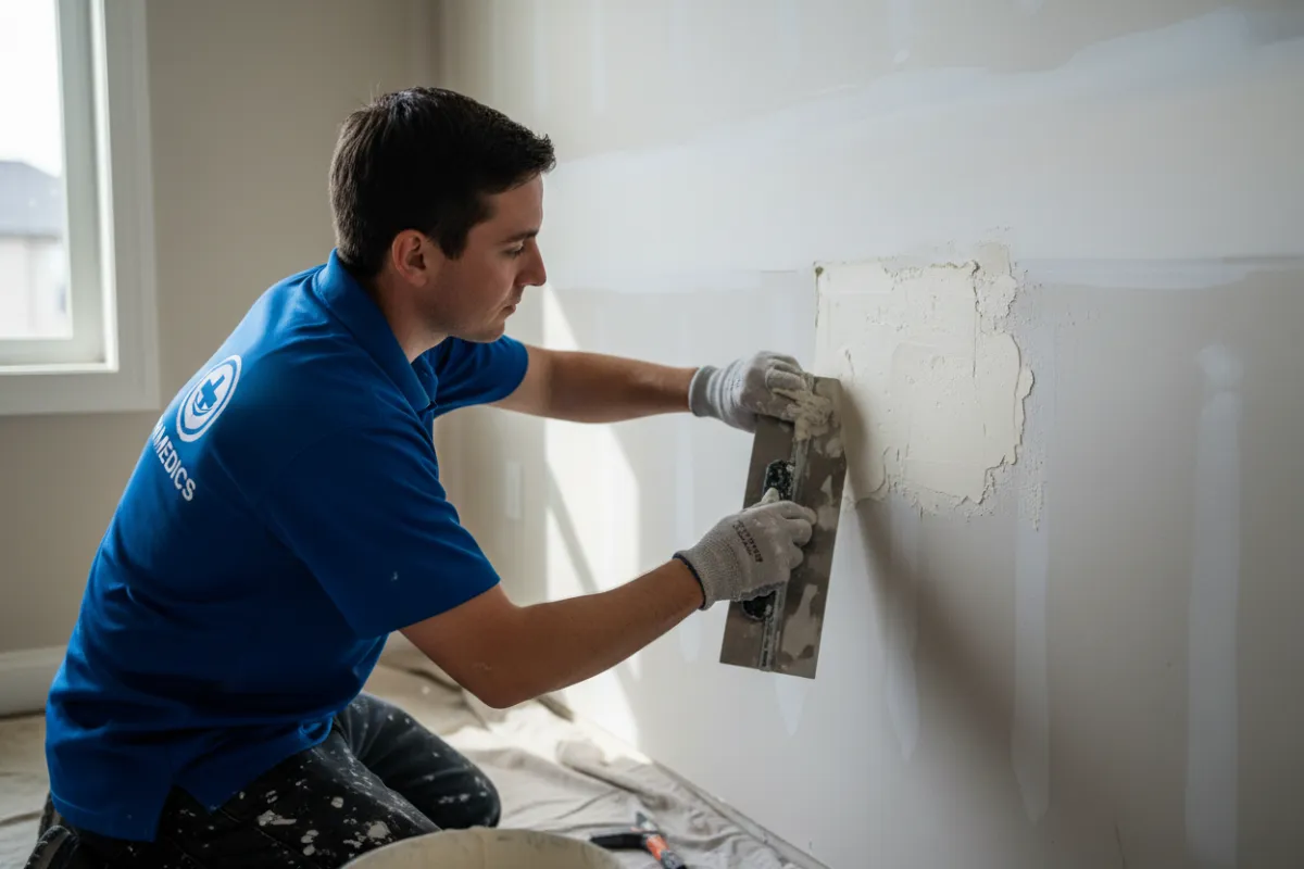 Patch Medics specialist patching drywall while wearing a Patch Medics uniform featuring the company logo