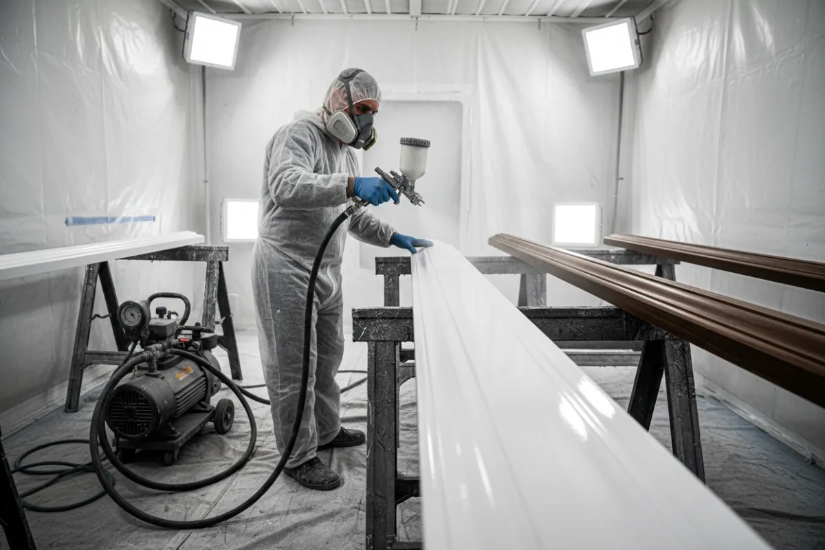 Painter using an airless sprayer on custom trim work