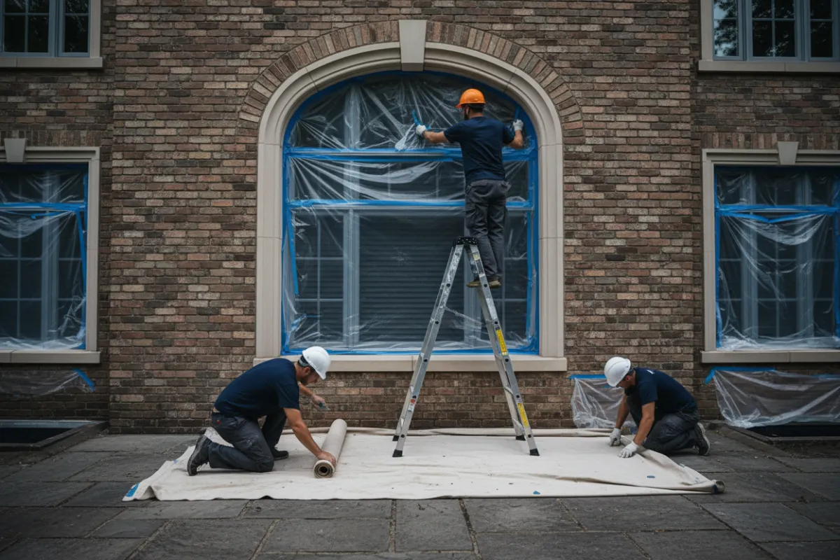 Professional painters masking windows and laying drop cloths