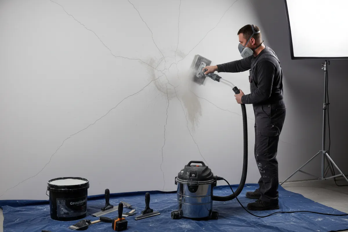 Contractor repairing drywall cracks and sanding before painting