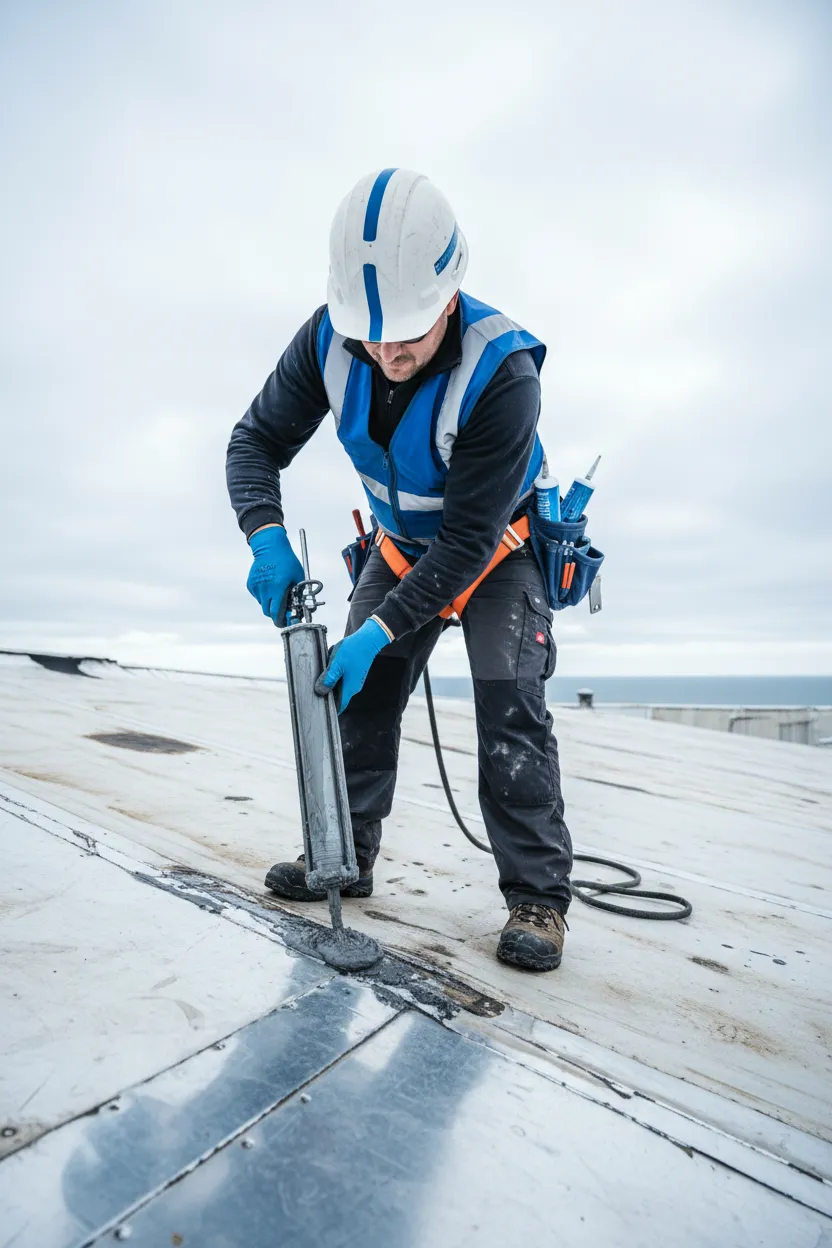Professional applying heavy-duty roof leak seal and patching material to a damaged roof section
