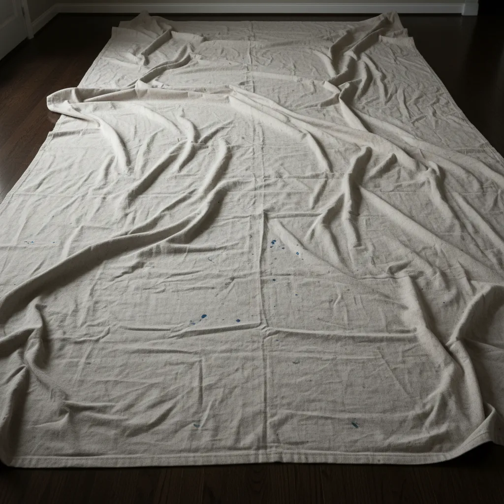 Heavy duty dropcloths covering a hardwood floor.