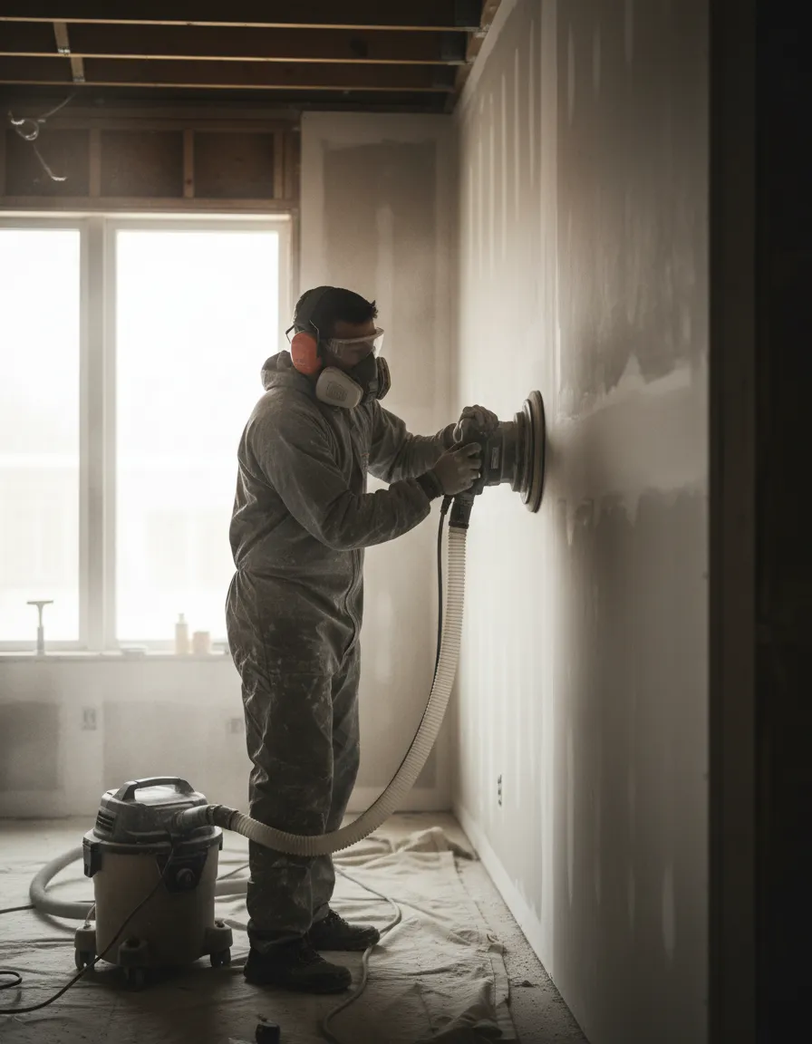 Crew member sanding a wall to create a smooth surface for painting.