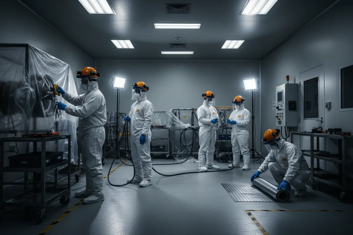Crew members wearing appropriate safety gear while preparing a room.