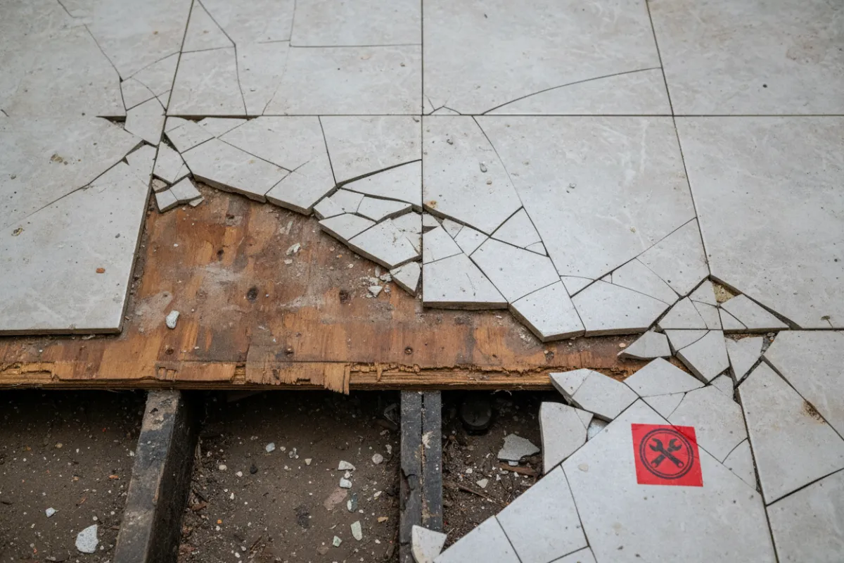 Damaged subfloor under cracked tile