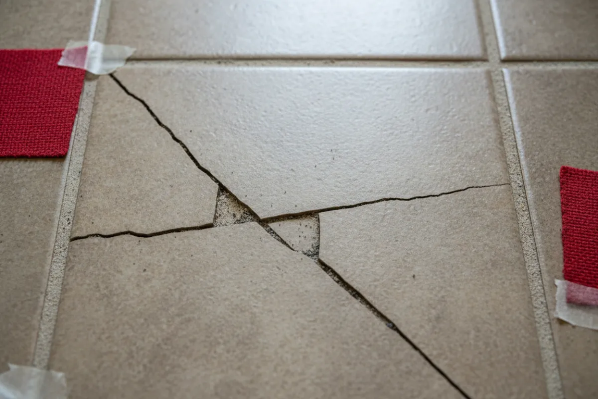 Cracked floor tile before replacement