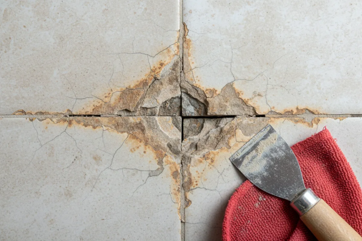 Stained and crumbling floor grout before repair