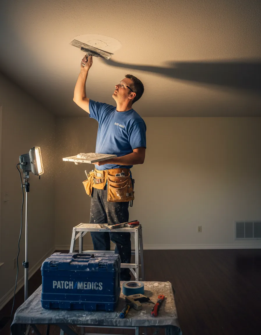 Professional technician performing flawless ceiling texture matching repair