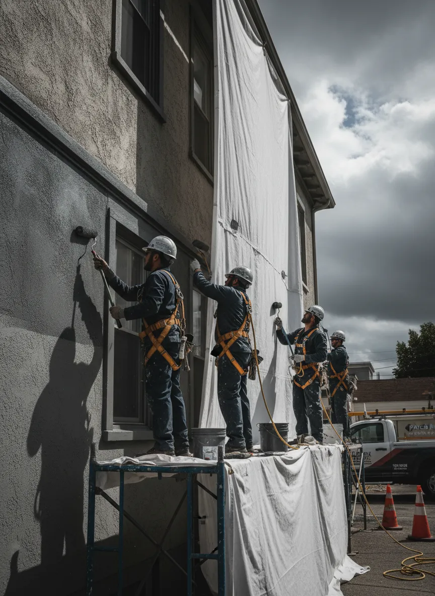 Patch Medics crew actively working on a professional painting jobsite