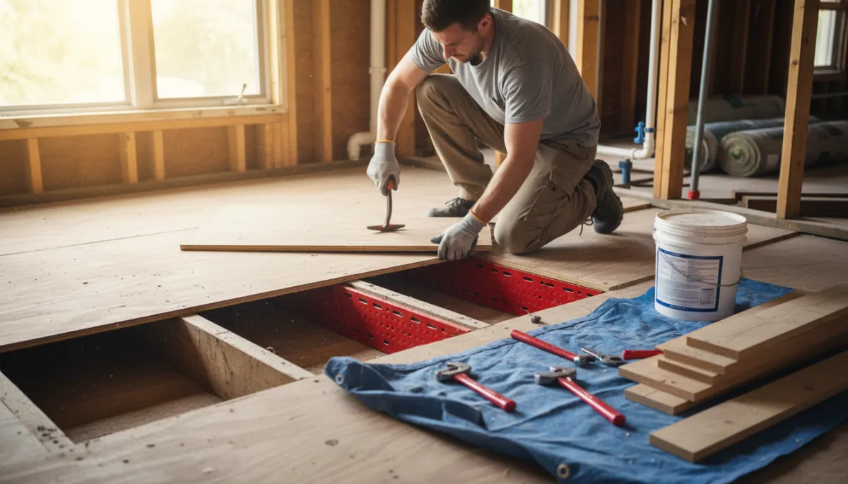 Subfloor patching and stabilization in progress