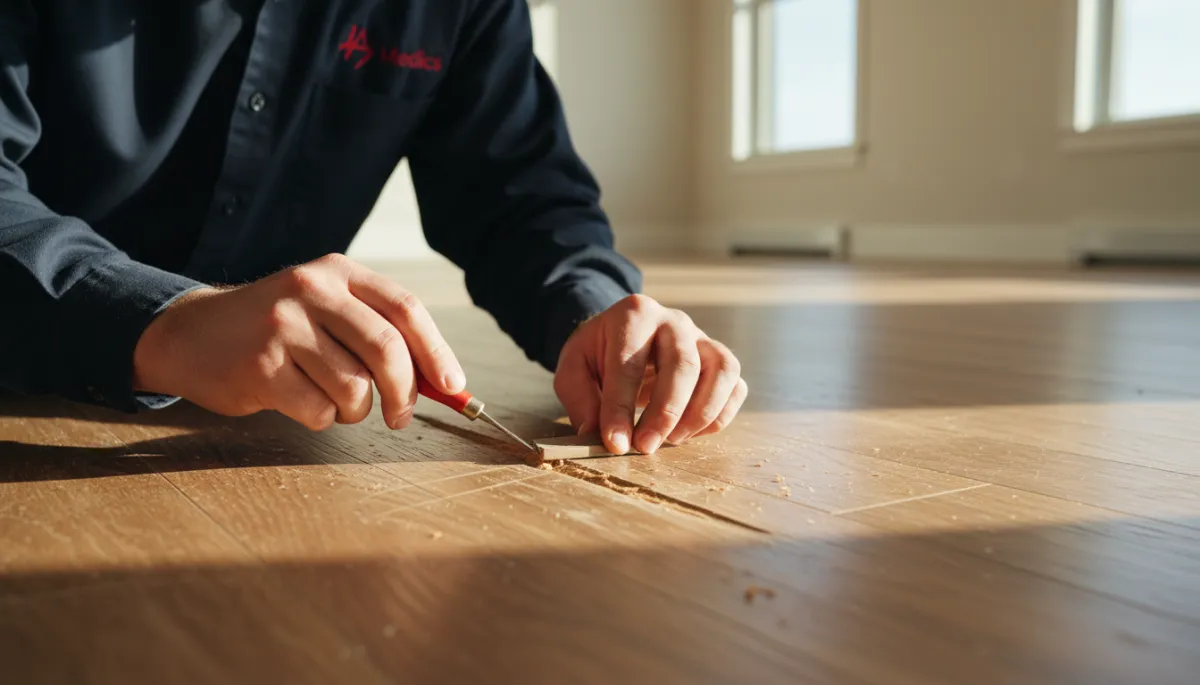 Technician performing hardwood scratch repair