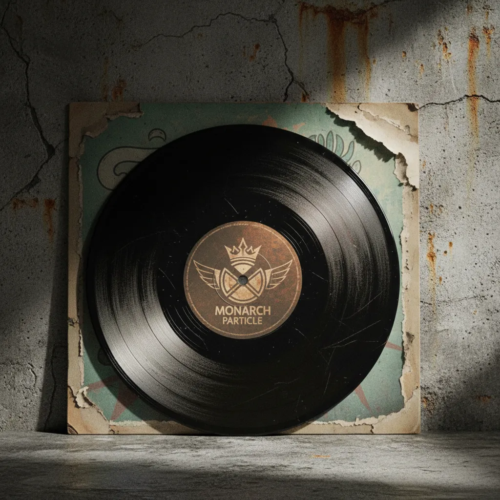 Vinyl record with Monarch Particle logo, grunge style