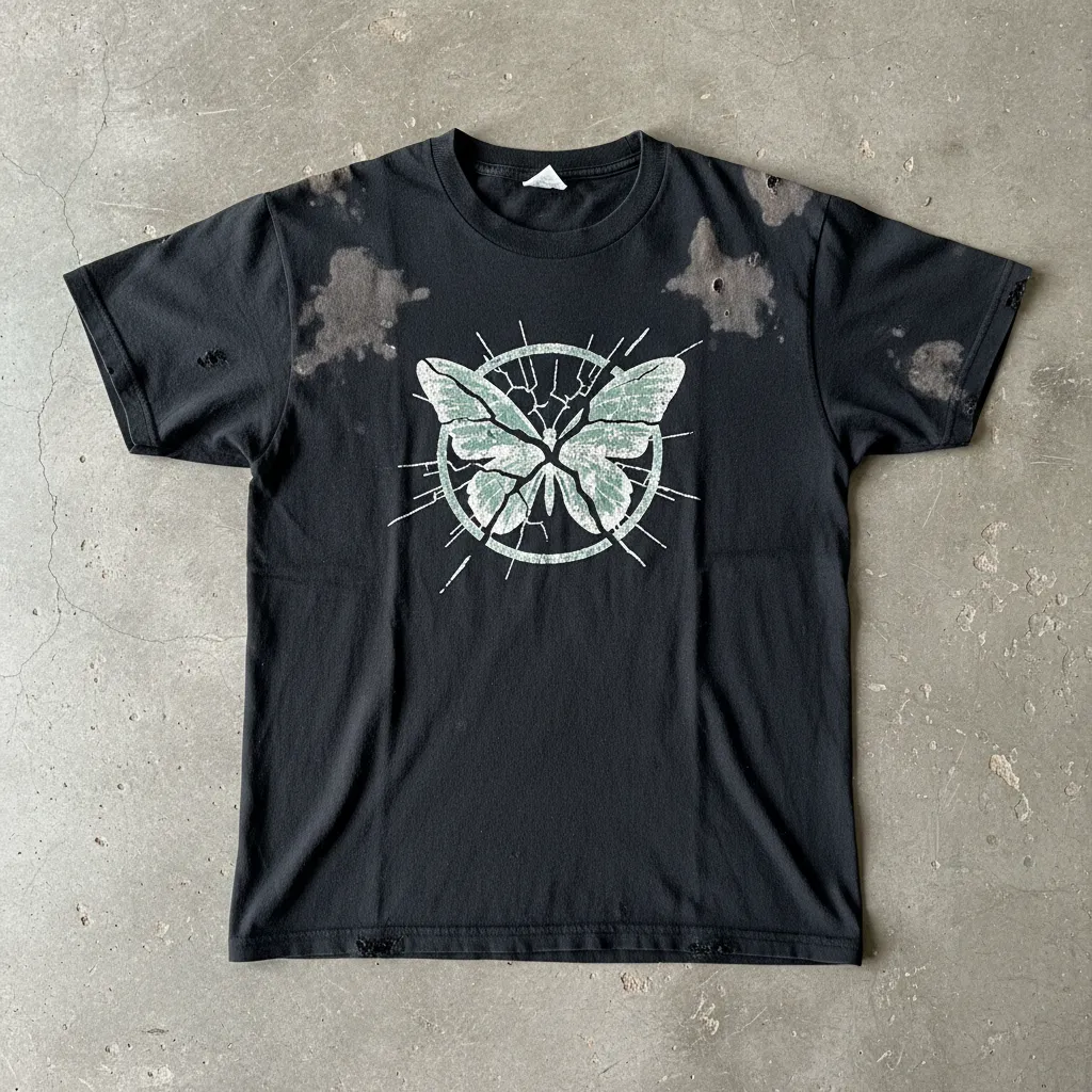 Distressed black t-shirt with Monarch Particle graphic