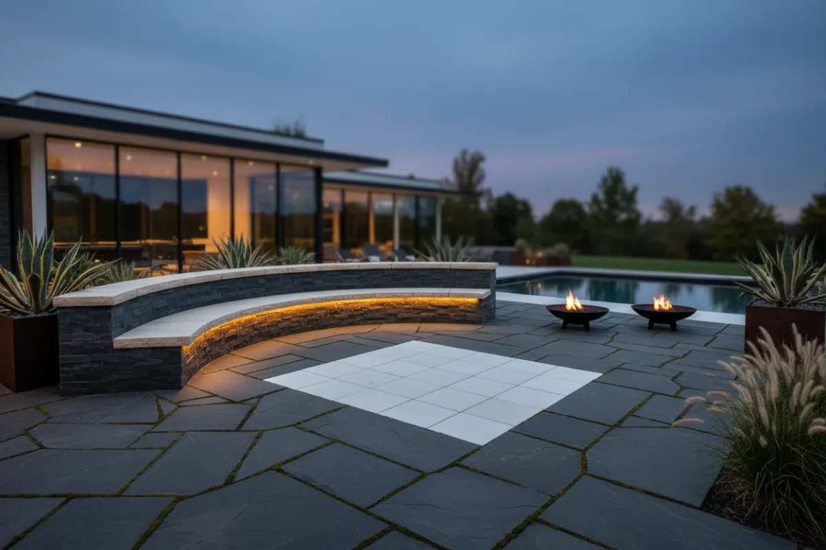 Custom modern patio with integrated wall seating using natural stone treads and pavers.