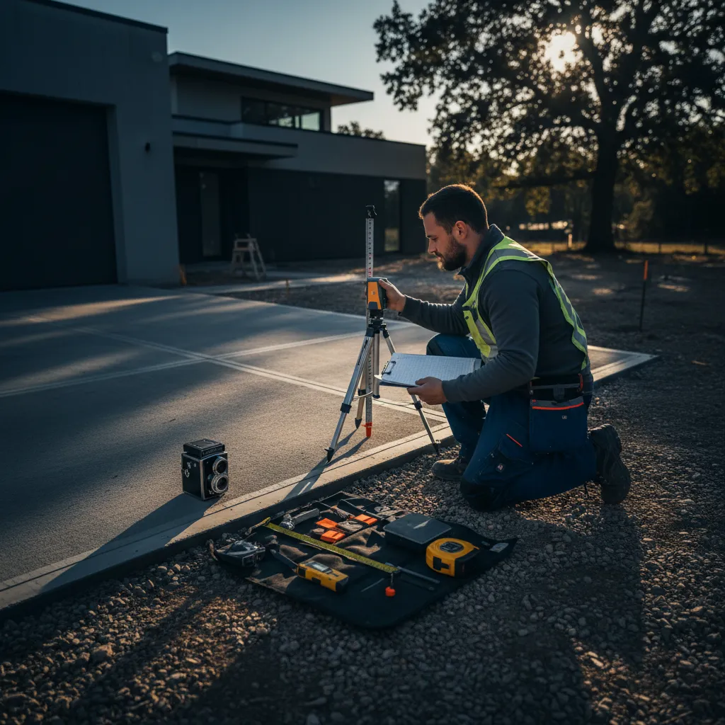 Crew member taking site measurements beside a driveway.