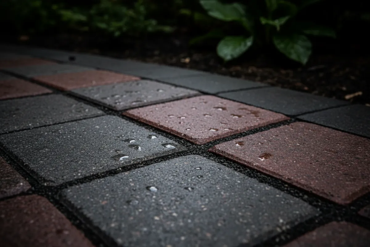 Close-up of interlocking paver joint with polymeric sand and edge restraint.