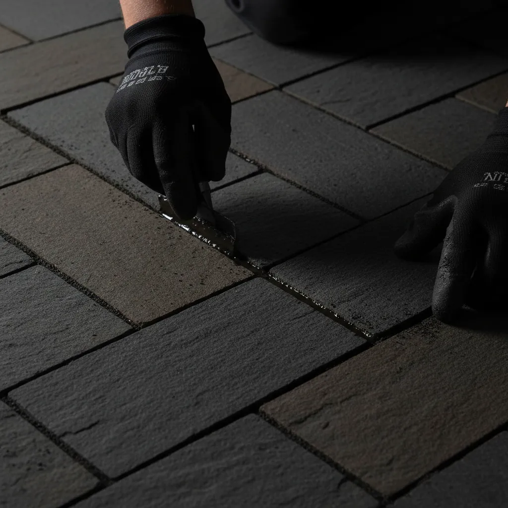Final sealing and joint finishing on a newly installed patio.