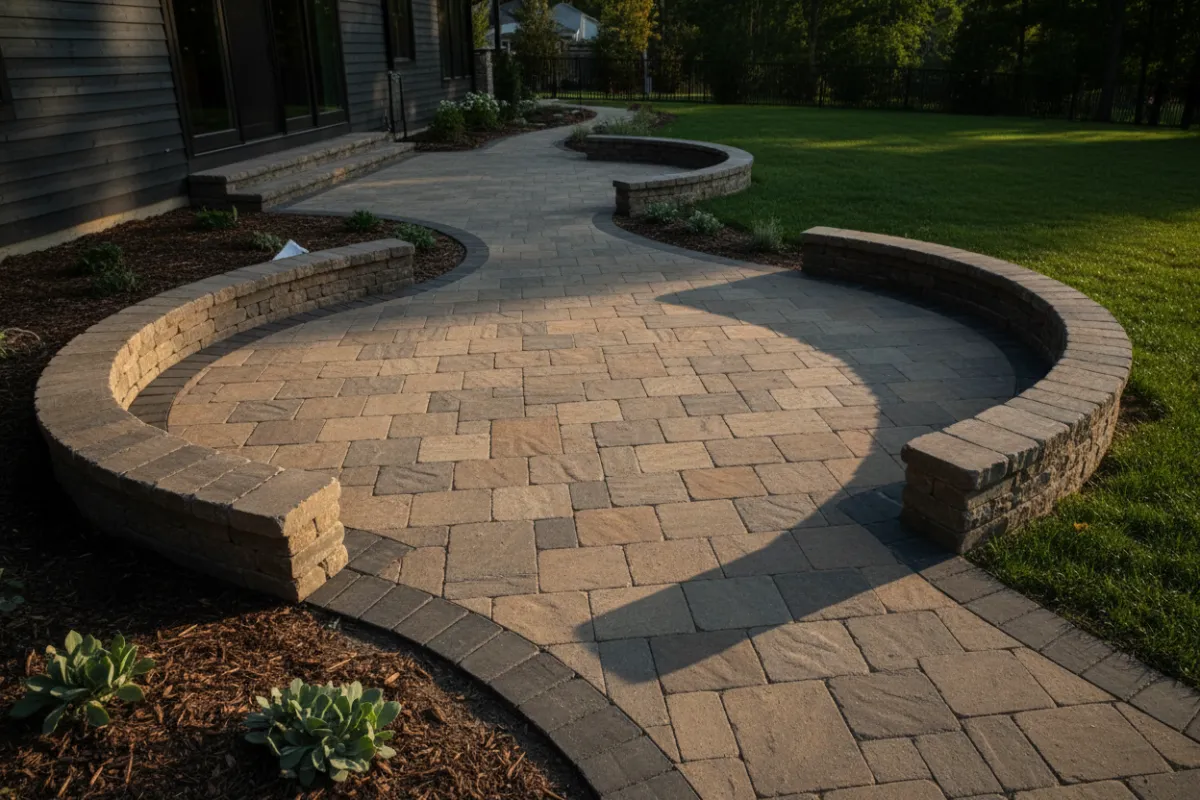 Completed backyard patio and walkway with custom paver pattern and wallstone edging in Chicagoland.