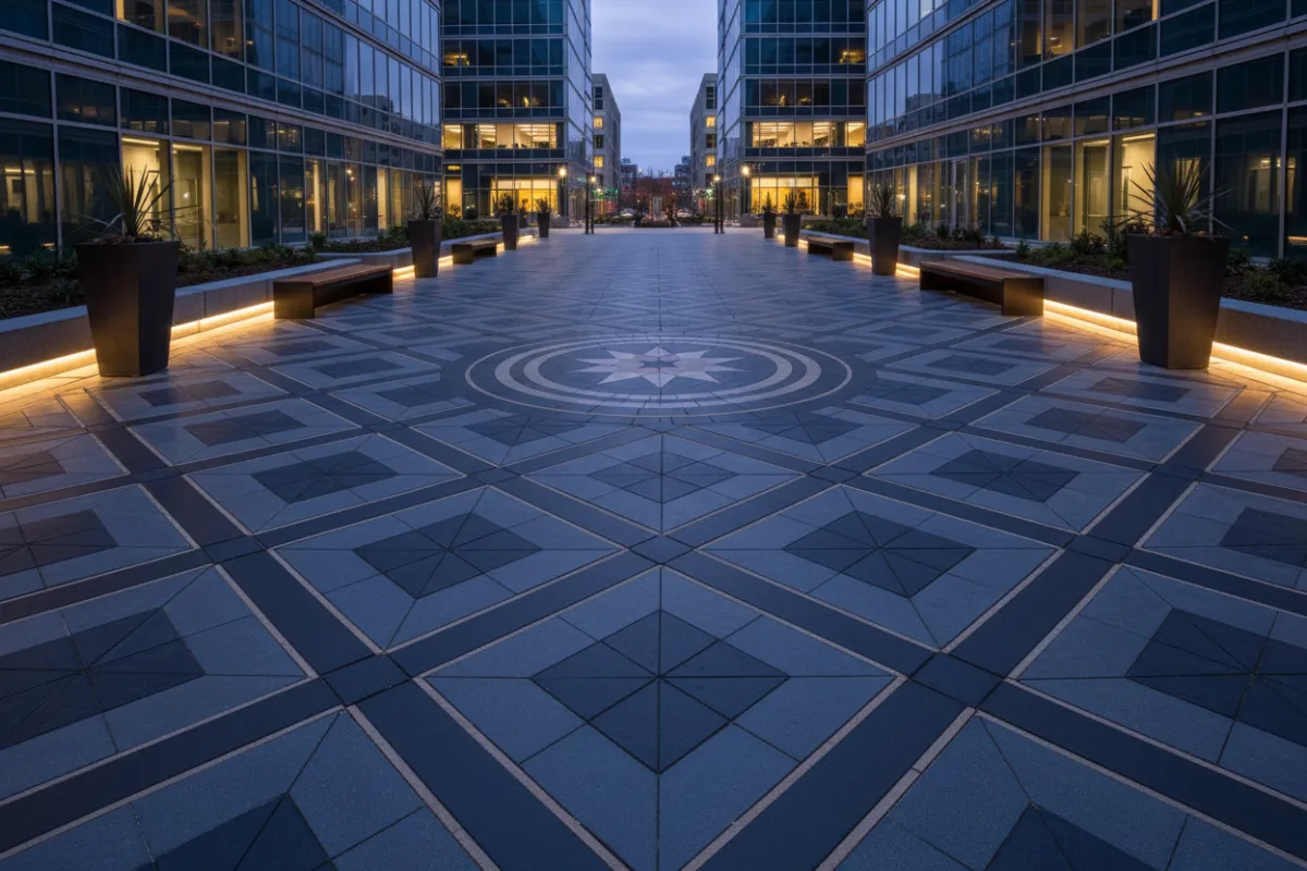 Commercial courtyard with interlocking pavers and patterned inlay.