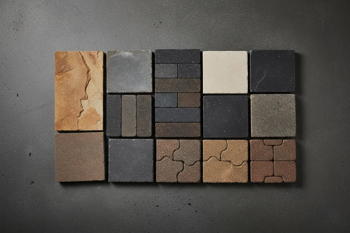 Curated palette of paver and stone samples arranged on a neutral surface in a top-down view, showing color and texture variety.